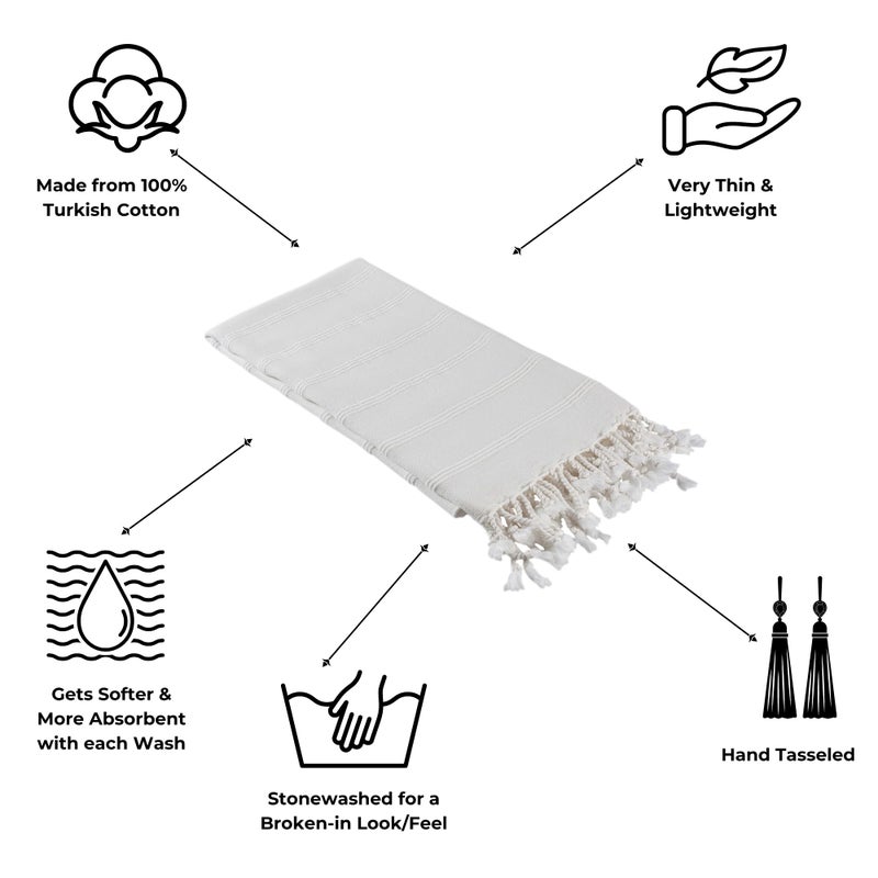 InfuseZen Stonewashed Turkish Bath & Beach Towel â€“100% Organic Turkish Cotton - Soft, Lightweight, Absorbent - Quick Dry, Sand Free - Pool, Shower, Travel - Peshtemal, Hammam Spa Towel - Off White - Image 2